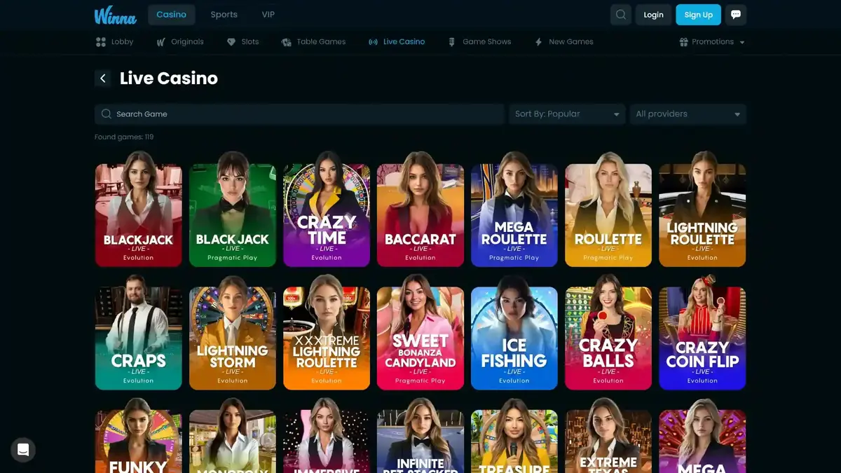 Winna casino screenshot